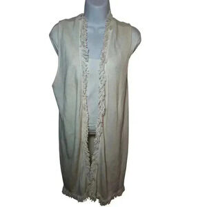 Chico's Women's Ivory/Cream Open Front Fringe Sleeveless Long Vest Size 1 M/8